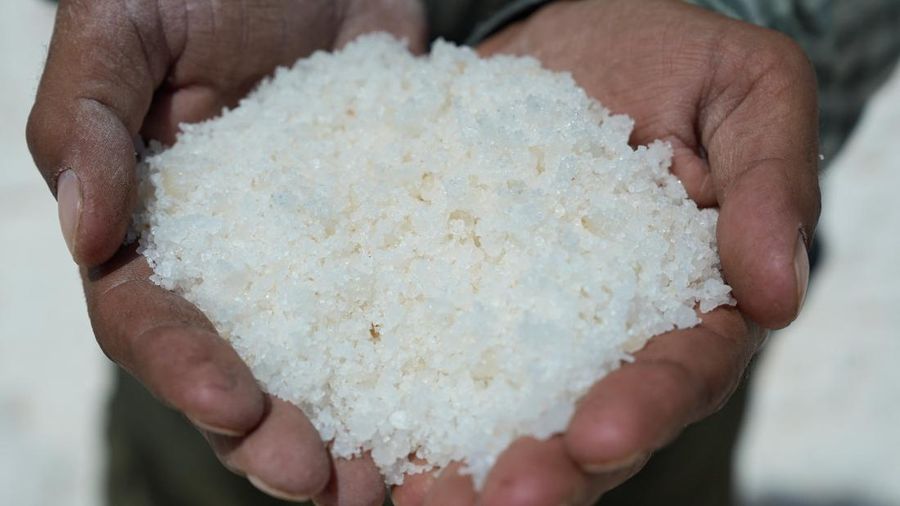 Puluhan pekerja memanen garam dari sumur air asin di gurun Sabkhat al-Muh, wilayah Palmyra, Suriah, dengan bekerja di bawah terik matahari demi upah yang tergolong kecil. (REUTERS/Karam al-Masri)