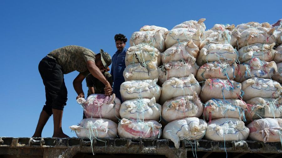 Puluhan pekerja memanen garam dari sumur air asin di gurun Sabkhat al-Muh, wilayah Palmyra, Suriah, dengan bekerja di bawah terik matahari demi upah yang tergolong kecil. (REUTERS/Karam al-Masri)