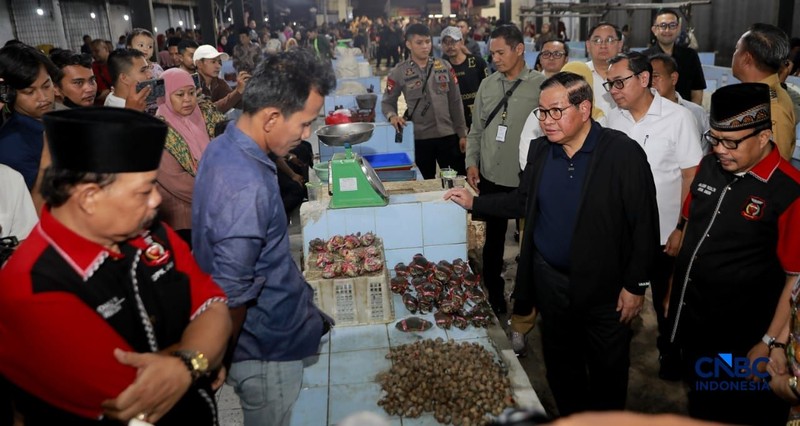 Gubernur Jakarta Pramono Anung menyapa dan berbincang santai dengan salah satu pedagang ikan di lokasi Binaan atau Lokbin Kramat Jati di Jakarta Timur, Selasa (1/9/2026). (CNBC Indonesia/Muhammad Sabki)