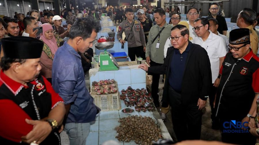 Gubernur Jakarta Pramono Anung menyapa dan berbincang santuy dengan salah satu pedagang ikan di letak Binaan alias Lokbin Kramat Jati di Jakarta Timur, Selasa (1/9/2026). (CNBC Indonesia/Muhammad Sabki)