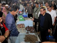 Gubernur Jakarta Pramono Anung menyapa dan berbincang santai dengan salah satu pedagang ikan di lokasi Binaan atau Lokbin Kramat Jati di Jakarta Timur, Selasa (1/9/2026). (CNBC Indonesia/Muhammad Sabki)