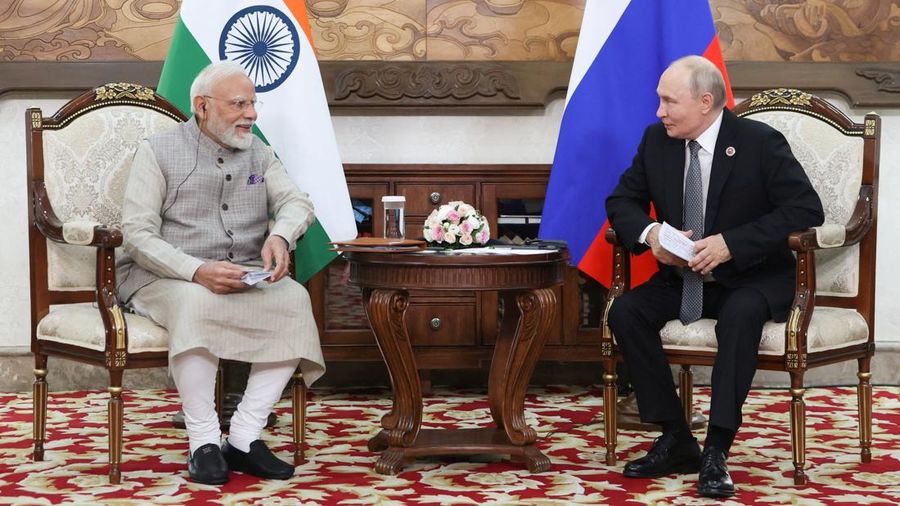 Russian President Vladimir Putin and Indian Prime Minister Narendra Modi attend a meeting on the sidelines of the Shanghai Cooperation Organisation summit in Bishkek, Kyrgyzstan, August 31, 2026. Sputnik/Pyotr Kovalyov/Pool via REUTERS ATTENTION EDIT