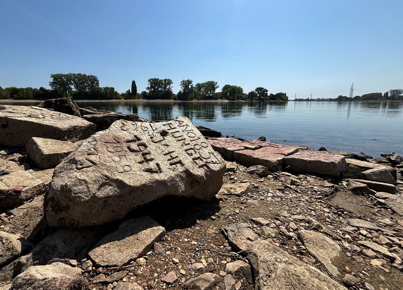 Apa yang disebut sebagai 'batu kelaparan' (hunger stones) tampak akibat rendahnya permukaan air Sungai Rhine di dekat Worms, Jerman, pada 4 Agustus 2026. (REUTERS/Andreas Buerger)