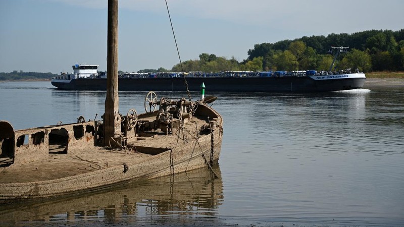Sebuah bekas kapal penangkap belut yang berlumuran lumpur teronggok di tepi Sungai Rhine saat permukaan air menurun di dekat Neuss, Jerman, pada 4 Agustus 2026.