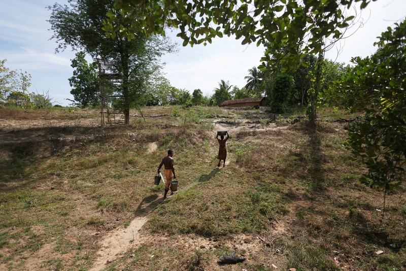 T.B. Leelawathie (49 tahun) dan temannya berjalan membawa ember dan bak saat hendak mandi di sungai yang telah mengering di Desa Galwela Yaya, Distrik Ampara, Sri Lanka, pada 27 Agustus 2026. (REUTERS/Priyanshu Singh)