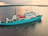 A screengrab from an archive video shot in July 2022 shows Professor Molchanov, a Russian ship afloat in Arkhangelsk, Russia, which, according to officials, was seized by Norway in the Arctic. Alexander Ermolin/Handout via REUTERS    THIS IMAGE HAS B