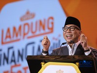 Gubernur Lampung, Rahmat Mirzani Djausal saat menyampaikan pemaparan dalam Lampung Financial Festival di Hotel Novotel, Bandar Lampung, Sabtu (5/9/2026). (CNBC Indonesia/Tri Susilo)