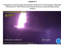 Pengamatan visual Gunung api Anak Krakatau melalui CCTV Lava93, Sabtu (5/9/2026) pukul 00.01 WIB. Warna merah menyala semburan erupsi terlihat jelas secara menerus. (Dok. Badan Geologi, Kementerian ESDM)