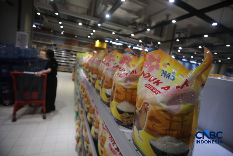 Stok beras khusus dengan kandungan vitamin B6 dan Zinc merek induk ayam pada salah satu toko ritel di Jakarta, Senin (7/9/2026). (CNBC Indonesia/Faisal Rahman)