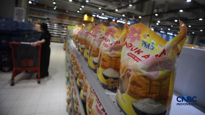 Stok beras khusus dengan kandungan vitamin B6 dan Zinc merek induk ayam pada salah satu toko ritel di Jakarta, Senin (7/9/2026).