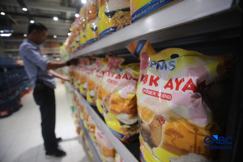 Stok beras khusus dengan kandungan vitamin B6 dan Zinc merek induk ayam pada salah satu toko ritel di Jakarta, Senin (7/9/2026). (CNBC Indonesia/Faisal Rahman)