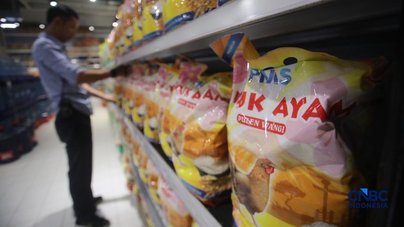 Stok beras khusus dengan kandungan vitamin B6 dan Zinc merek induk ayam pada salah satu toko ritel di Jakarta, Senin (7/9/2026).