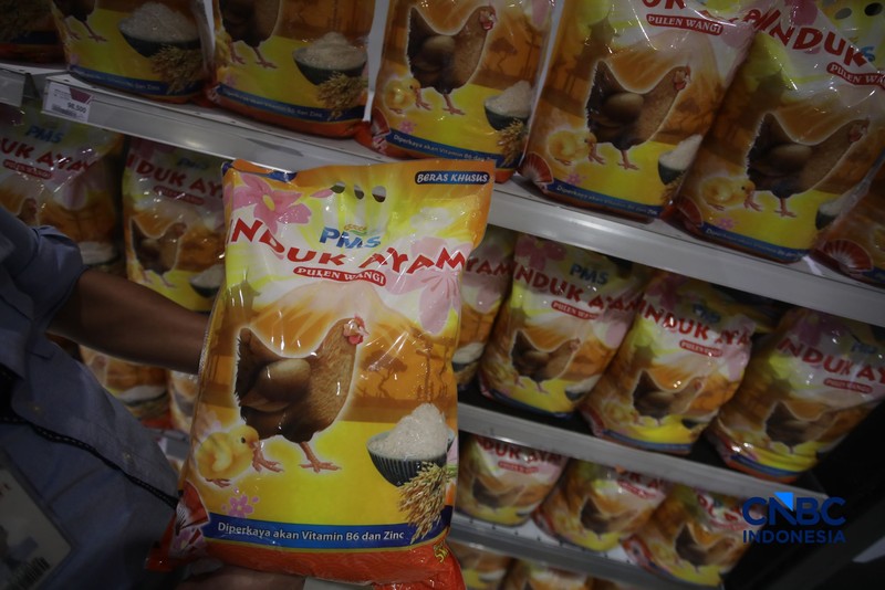 Stok beras khusus dengan kandungan vitamin B6 dan Zinc merek induk ayam pada salah satu toko ritel di Jakarta, Senin (7/9/2026). (CNBC Indonesia/Faisal Rahman)