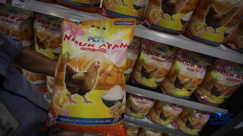 Stok beras khusus dengan kandungan vitamin B6 dan Zinc merek induk ayam pada salah satu toko ritel di Jakarta, Senin (7/9/2026).
