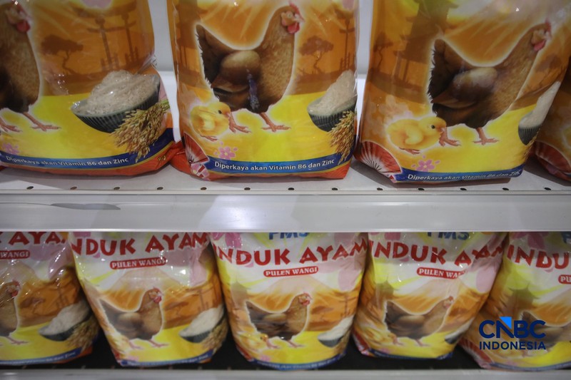 Stok beras khusus dengan kandungan vitamin B6 dan Zinc merek induk ayam pada salah satu toko ritel di Jakarta, Senin (7/9/2026). (CNBC Indonesia/Faisal Rahman)