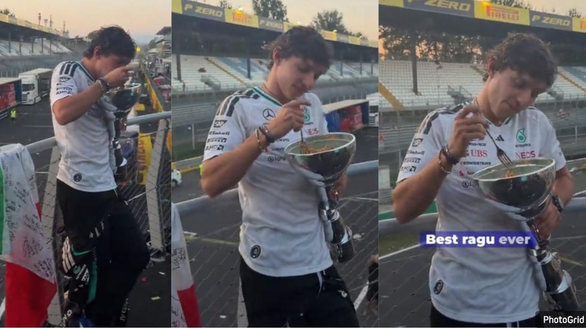 Unik! Menang di Monza, Kimi Antonelli Makan Pasta dari Trofi Formula 1