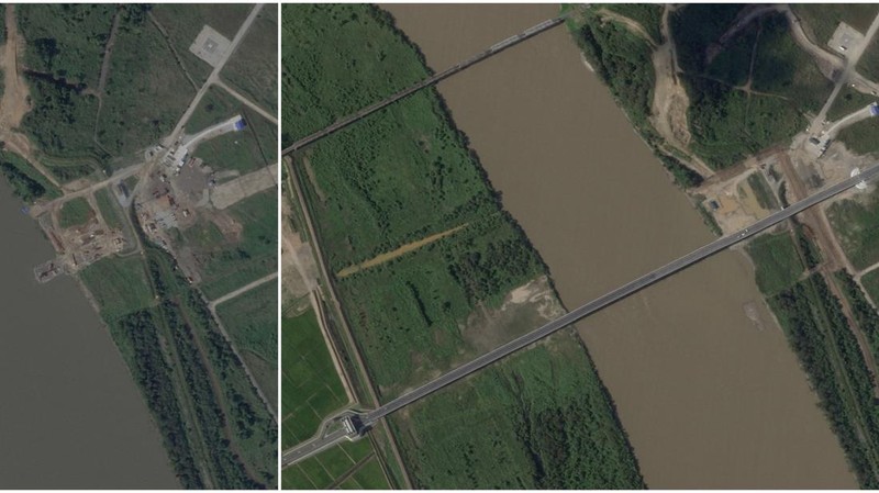 A combination of satellite images shows the area spanning the Tumen River before (left) and after the first road bridge between North Korea and Russia on the border between the two countries, September 11, 2025, and September 6, 2026. 2026 Planet Lab