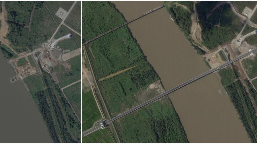 NORTHKOREA-RUSSIA/BRIDGE A combination of satellite images shows the area spanning the Tumen River before (left) and after the first road bridge between North Korea and Russia on the border between the two countries, September 11, 2025, and September 6, 2026. 2026 Planet Lab