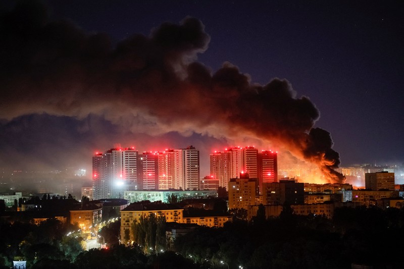 Smoke rises in the city during a Russian missile strike, amid Russia's attack on Ukraine, in Kyiv, Ukraine September 8, 2026. REUTERS/Gleb Garanich