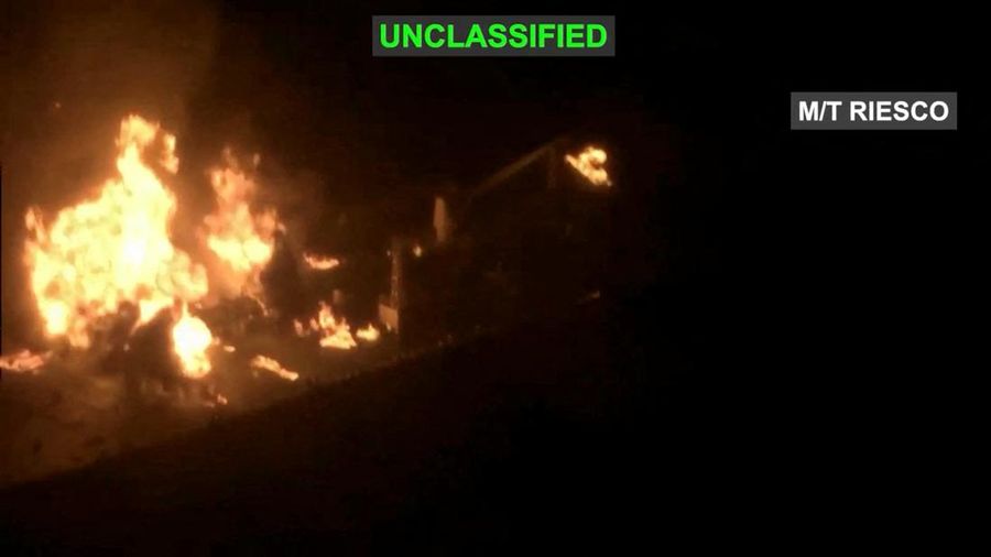 Iranian crude oil carriers after being struck, which U.S. Central Command says it targeted after attempted Iranian missile attacks on a U.S. Navy warship over the past two days, at an unknown location in this still image taken from video released Sep