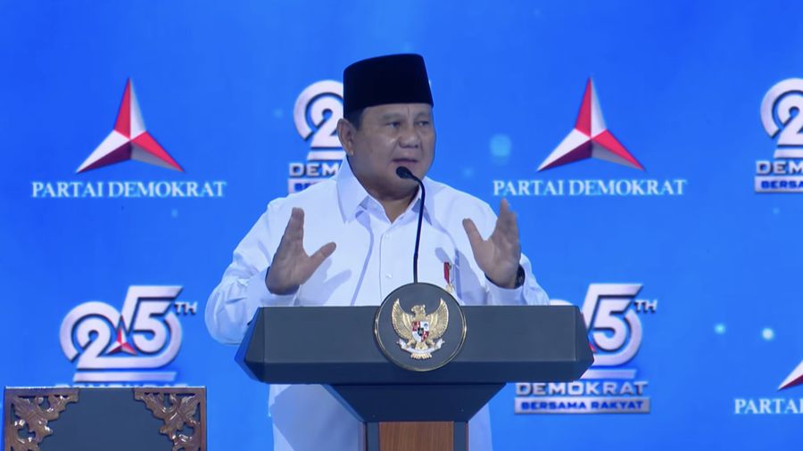 Presiden Prabowo Subianto saat menyampaikan sambutan dalam Perayaan HUT ke-25 Partai Demokrat di Indonesia Arena, Jakarta, Rabu (9/9/2026). (Tangkapan Layar Youtube/Partai Demokrat)