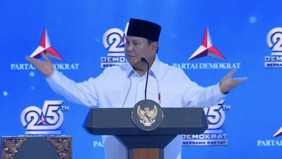 Presiden Prabowo Subianto saat menyampaikan sambutan dalam Perayaan HUT ke-25 Partai Demokrat di Indonesia Arena, Jakarta, Rabu (9/9/2026). (Tangkapan Layar Youtube/Partai Demokrat)