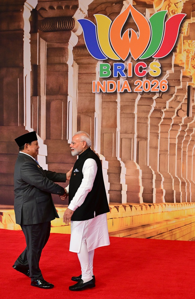 Presiden Prabowo Subianto tiba di Bharat Mandapam, New Delhi, India, untuk mengikuti Konferensi Tingkat Tinggi (KTT) ke-18 BRICS 2026, Sabtu (12/9/2026). (Dok. Muchlis Jr - Biro Pers, Media, dan Informasi Sekretariat Presiden)