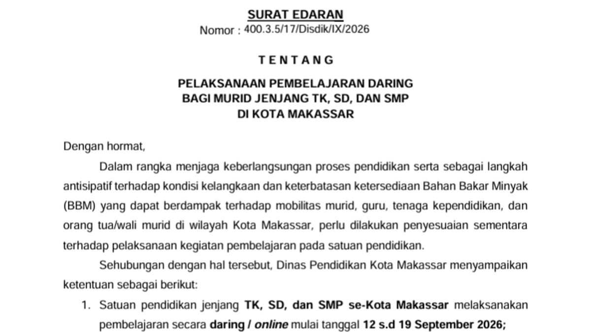 Surat Edaran Sekolah Daring TK, SD, SMP Makassar Imbas Antrean BBM
