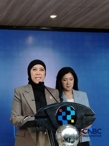 Menteri Komunikasi dan Digital, Meutya Hafid dalam konferensi pers, Senin (14/9/2026). (CNBC Indonesia/Novina Putri Bestari)
