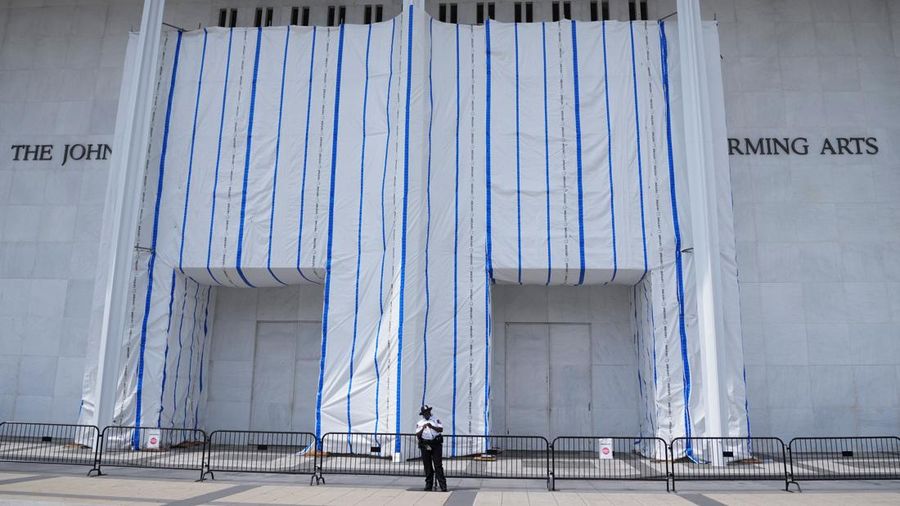 Tarp remains surrounding scaffolding after the removal of letters from the facade of the John F. Kennedy Memorial Center for the Performing Arts, following a federal judges order to remove U.S. President Donald Trump's name from the institution, in W