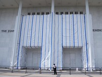 Tarp remains surrounding scaffolding after the removal of letters from the facade of the John F. Kennedy Memorial Center for the Performing Arts, following a federal judges order to remove U.S. President Donald Trump's name from the institution, in W