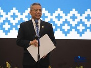 Menteri Keuangan Suahasil Nazara menyampaikan sambutan saat acara Serah Terima Jabatan Menteri Keuangan di Gedung Juanda II, Kementerian Kuangan, Jakarta, Selasa (15/9/2026). (CNBC Indonesia/Faisal Rahman)
