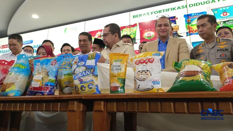 Menteri Pertanian sekaligus Kepala Badan Pangan Nasional (Bapanas) Amran Sulaiman saat mengekspos temuan beras fortifikasi tak sesuai di kantornya, Jakarta, Selasa (15/9/2026). (CNBC Indonesia/Martyasari Rizky)