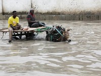 Sebuah kereta keledai menerjang genangan banjir di sepanjang jalan Km4 setelah hujan deras di Mogadishu, Somalia, pada 16 September 2026. (REUTERS/Feisal Omar)