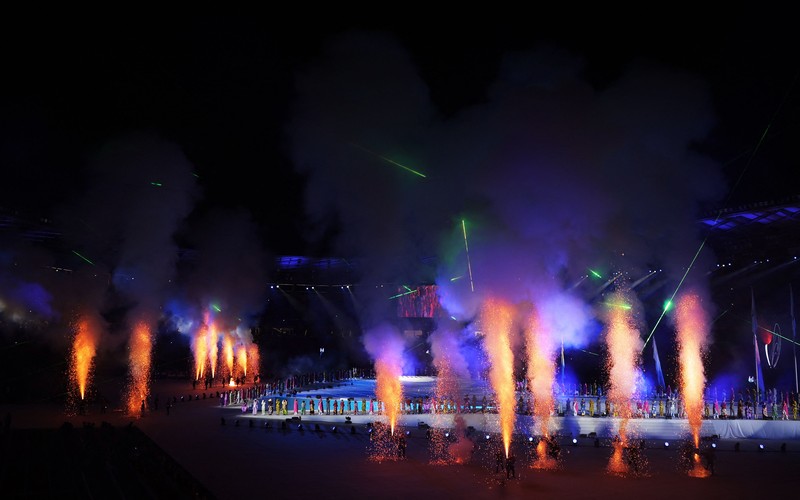Upacara pembukaan Asian Games Aichi-Nagoya 2026 di Stadion Paloma Mizuho, ​​Nagoya, Jepang, Sabtu (19/9/2026). (REUTERS/Anushree Fadnavis)