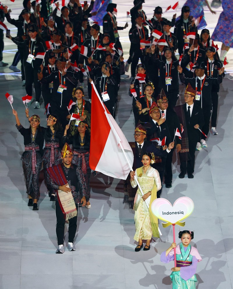 Upacara pembukaan Asian Games Aichi-Nagoya 2026 di Stadion Paloma Mizuho, ​​Nagoya, Jepang, Sabtu (19/9/2026). (REUTERS/Anushree Fadnavis)