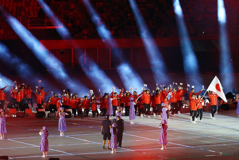Upacara pembukaan Asian Games Aichi-Nagoya 2026 di Stadion Paloma Mizuho, ​​Nagoya, Jepang, Sabtu (19/9/2026). (REUTERS/Anushree Fadnavis)