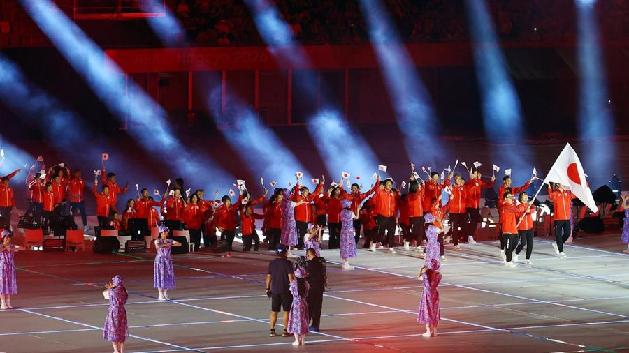 Upacara pembukaan Asian Games Aichi-Nagoya 2026 di Stadion Paloma Mizuho, ​​Nagoya, Jepang, Sabtu (19/9/2026). (REUTERS/Issei Kato)