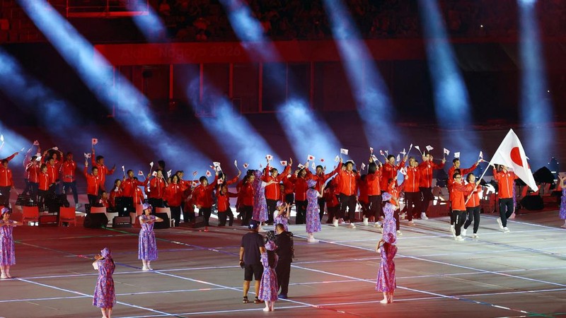 Upacara pembukaan Asian Games Aichi-Nagoya 2026 di Stadion Paloma Mizuho, ​​Nagoya, Jepang, Sabtu (19/9/2026). (REUTERS/Issei Kato)