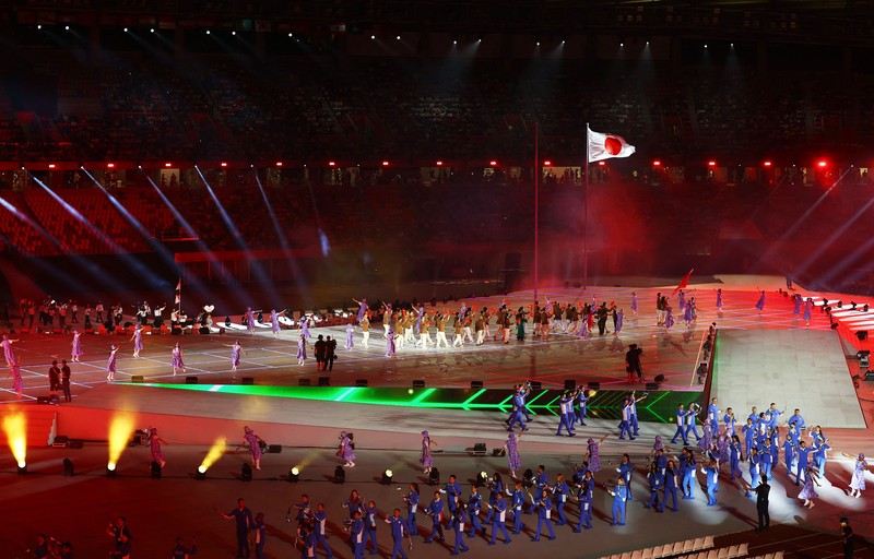Upacara pembukaan Asian Games Aichi-Nagoya 2026 di Stadion Paloma Mizuho, ​​Nagoya, Jepang, Sabtu (19/9/2026). (REUTERS/Anushree Fadnavis)