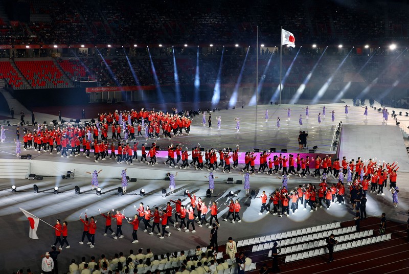 Upacara pembukaan Asian Games Aichi-Nagoya 2026 di Stadion Paloma Mizuho, ​​Nagoya, Jepang, Sabtu (19/9/2026). (REUTERS/Anushree Fadnavis)