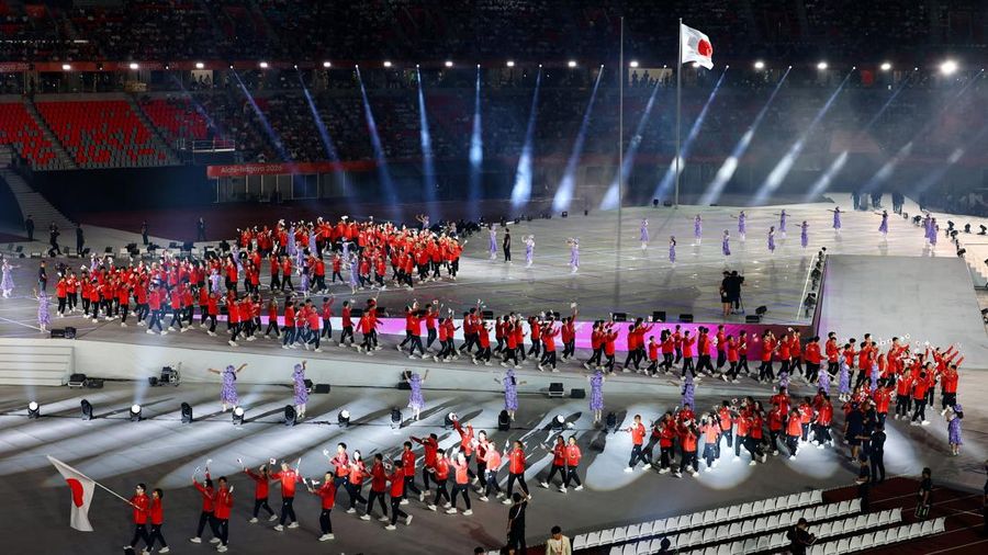 Upacara pembukaan Asian Games Aichi-Nagoya 2026 di Stadion Paloma Mizuho, ​​Nagoya, Jepang, Sabtu (19/9/2026). (REUTERS/Issei Kato)