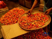 Pedagang cabai menunggu pembeli di Pasar Kramat Jati, Jakarta, Senin (21/8/2026). (CNBC Indonesia/Tri Susilo)