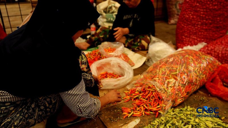 Pedagang cabai menunggu pembeli di Pasar Kramat Jati, Jakarta, Senin (21/8/2026).