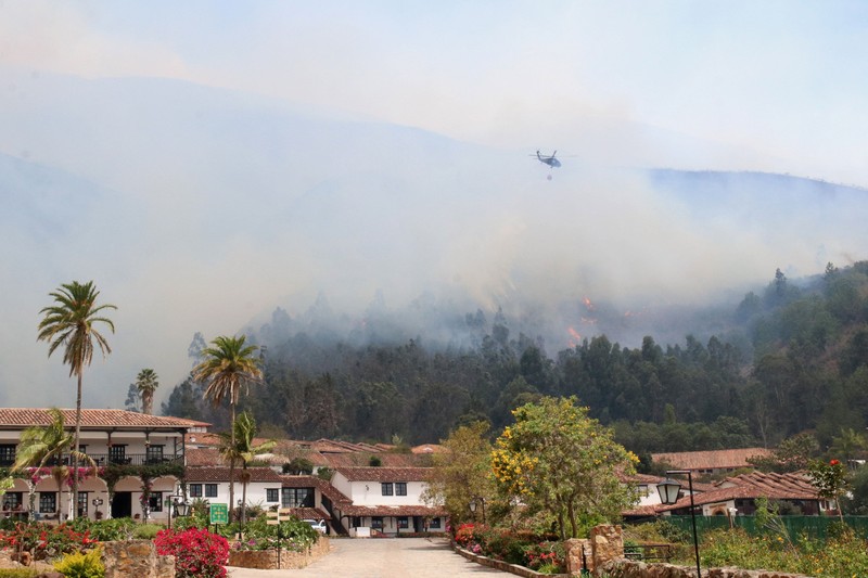 Warga menggunakan ranting pohon untuk memadamkan kobaran api saat berjuang memadamkan kebakaran hutan di Villa de Leyva, Kolombia, pada 21 September 2026. (REUTERS/Sergio Acero)
