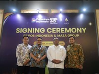 PT Pos Indonesia (Persero) resmi menjalin kemitraan strategis dengan Maza Tour & Travel melalui penandatanganan nota kesepahaman (signing ceremony) terkait penyelenggaraan dan kemudahan akses layanan umrah dan haji plus di Jakarta, Selasa (22/9/2026)