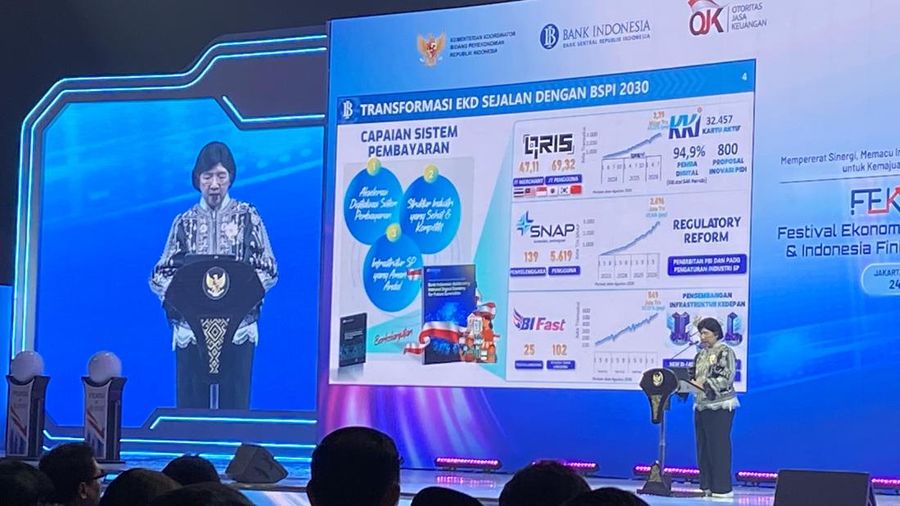 Gubernur Bank Indonesia (BI) Destry Damayanti dalam pembukaan acara FEKDI X IFSE 2026, di JCC, Kamis (24/9/2026)