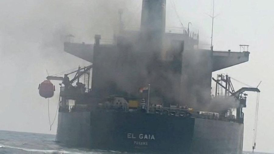 A still image from handout video released on September 15, 2026, said to show a damaged Panamanian-flagged oil tanker "El Gaia" following an incident in Strait of Hormuz. Iran's Revolutionary Guard said the tanker was hit by sea mines as it passed th