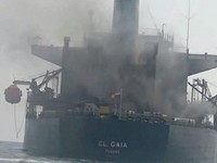 A still image from handout video released on September 15, 2026, said to show a damaged Panamanian-flagged oil tanker "El Gaia" following an incident in Strait of Hormuz. Iran's Revolutionary Guard said the tanker was hit by sea mines as it passed th