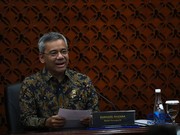 Menteri Keuangan Suahasil Nazara  dalam Konferensi Pers Sinergi Kebijakan Moneter & Fiskal di Ruang Konferensi Pers, Gedung Thamrin Lantai 1, Bank Indonesia, Jakarta Pusat, Kamis (24/9/2026). (CNBC Indonesia/Muhamad Sabki)